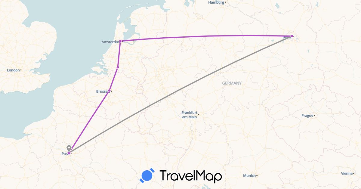 TravelMap itinerary: driving, plane, train in Belgium, Germany, France, Netherlands (Europe)